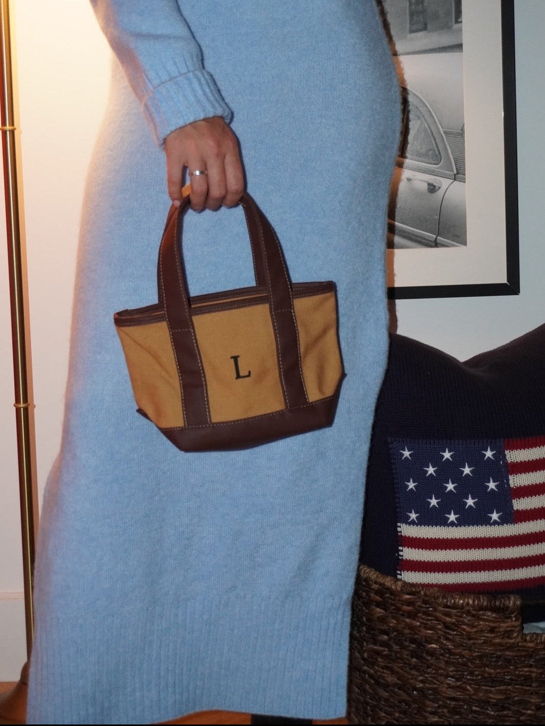 Person wearing a blue dress holding a brown and beige handbag with a 'L' emblem, standing in a room with an American flag and framed picture.